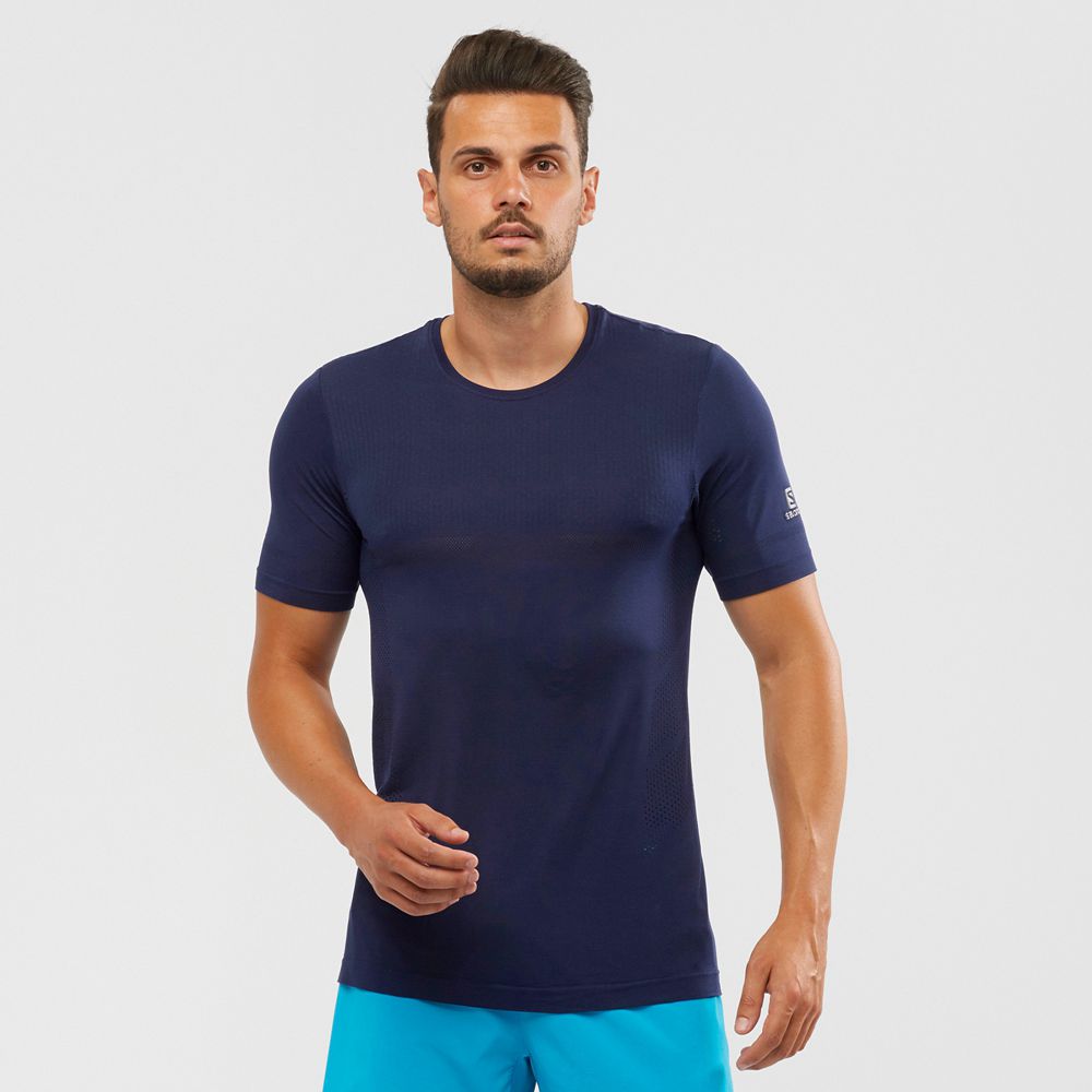 Salomon Singapore Mens T-shirts - SENSE SEAMLESS M Navy | 08769-AEZK